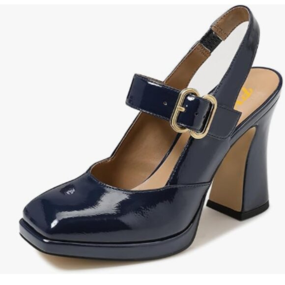 FYS Navy Platform Square Toe Pumps Chunky High Heel Mary Janes Slingback Shoes - Picture 1 of 8